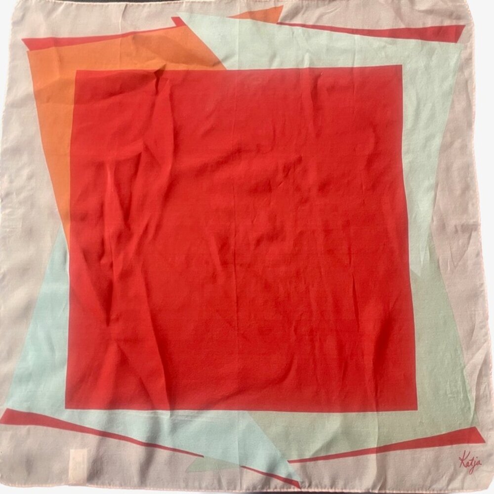 Vintage Katja for XIIX Karat Silk Blend Scarf | Red, Orange & Pink Geometric Str